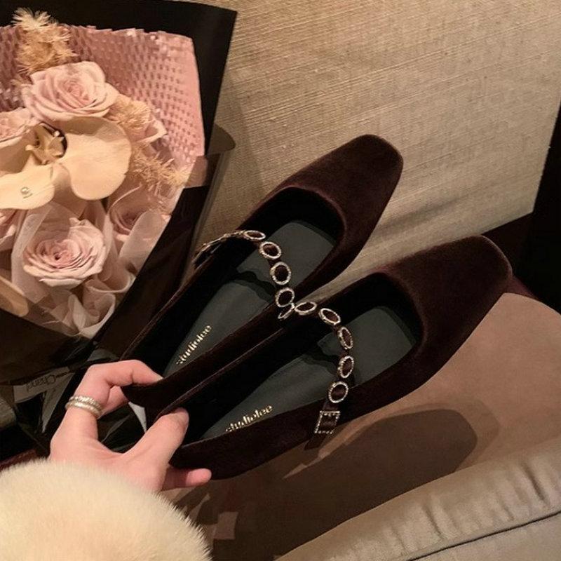 Fashion Flat Shoes for Women 2025 Spring and Autumn French Square Toe Shallow Mouth Diamond Low Heel Suede Mary Jane Shoe