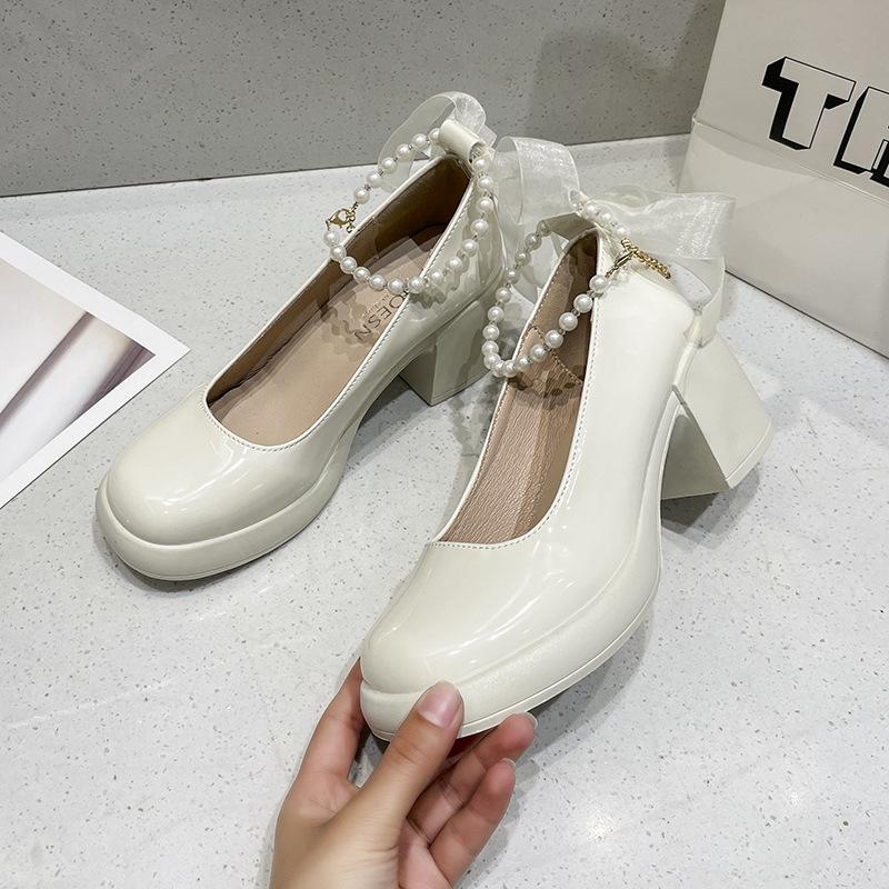 White Pearl Thick Heel Mary Jane Single Shoes Women's Waterproof Table 2025 Summer New French Retro with Skirt High Heels