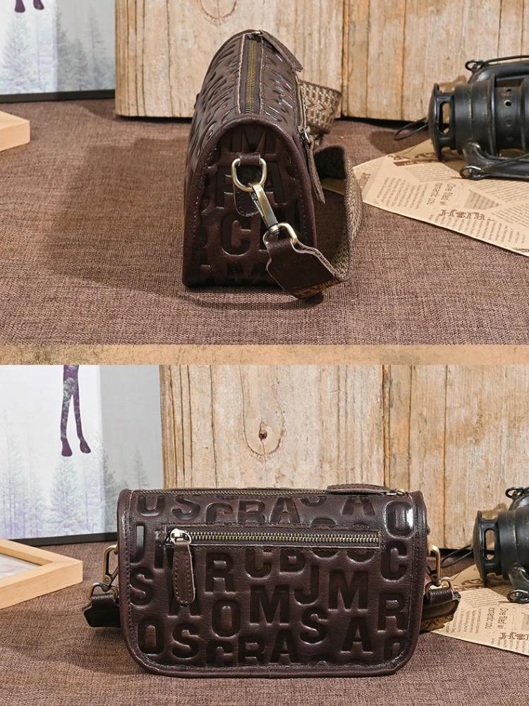 Johnature Retro Genuine Leather Letter Embossed Women's Bag Versatile Wide Shoulder Strap Shoulder Crossbody Bag
