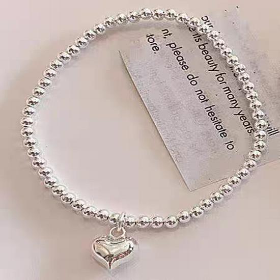 Korean-Style S925 Sterling Silver Heart & Bead Bracelet for Women - Elastic, Fashionable, Heart-Shaped Design 925 Silver серебряный