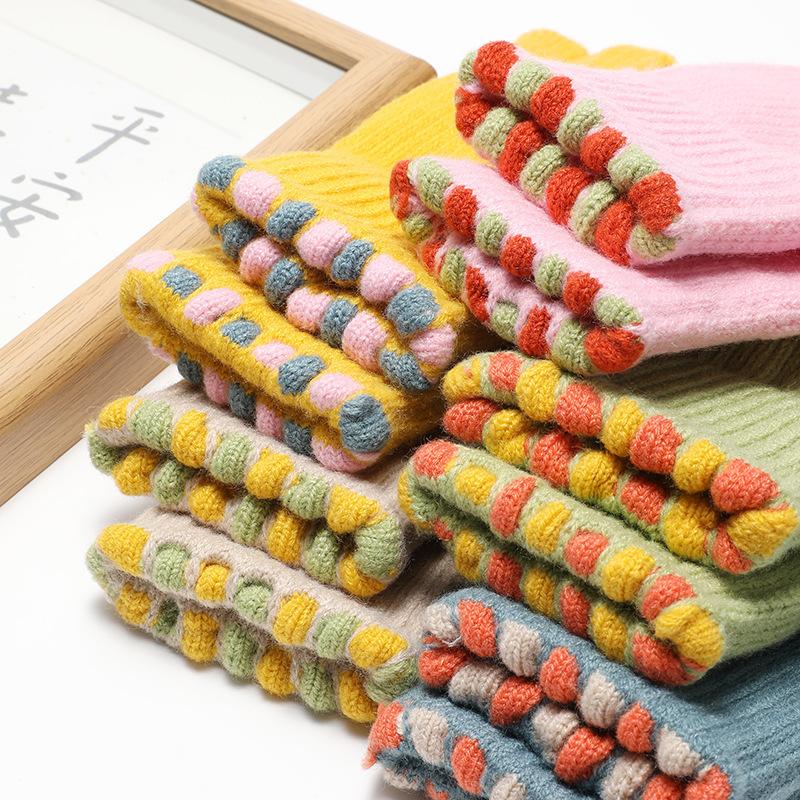 Winter Korean Women Solid Color Touchscreen Warm and Windproof Cycling Finger Candy Bean Knitted Gloves
