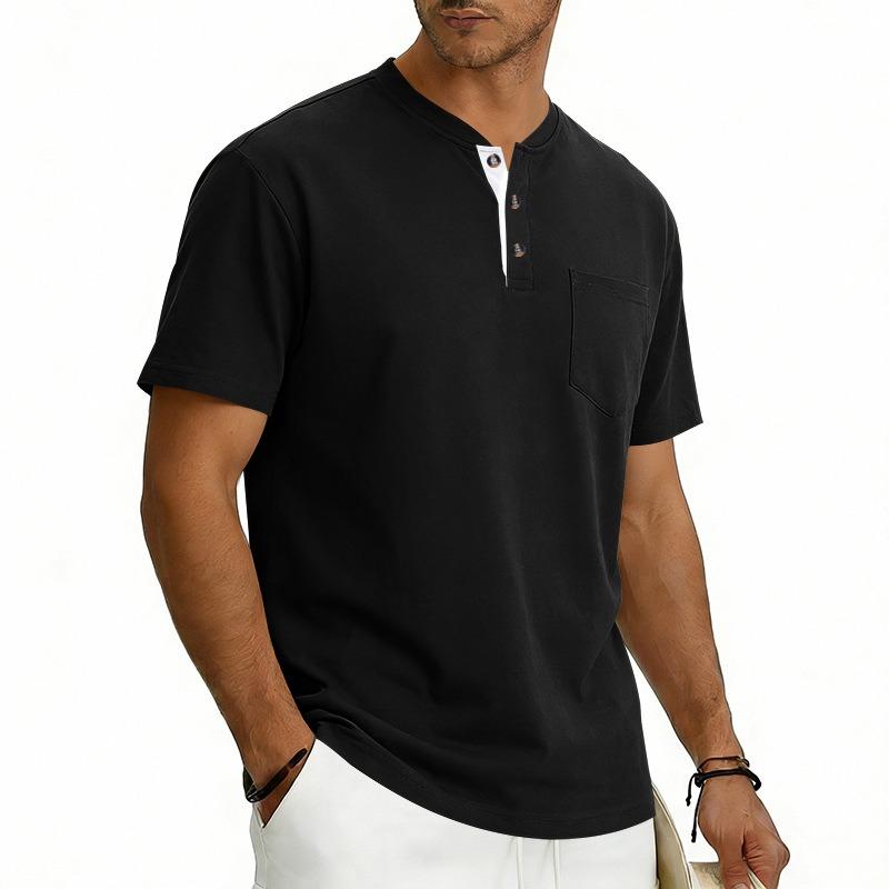 Men Henley Neck Short Sleeve T Shirt With Chest Pocket Casual Solid Color Tops