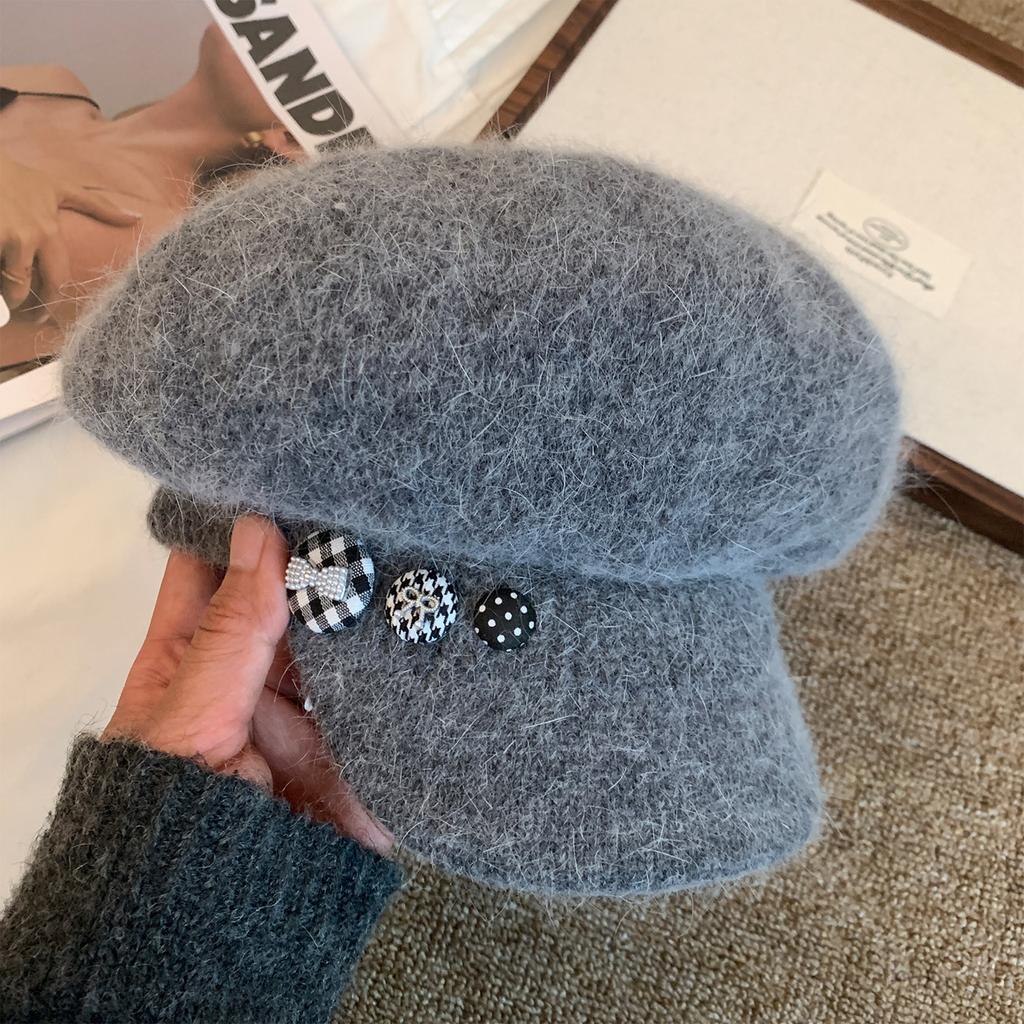 Autumn and winter retro literary and artistic knitted beret women's warm soft waxy plush painter hat big head circumference versatile octagonal hat