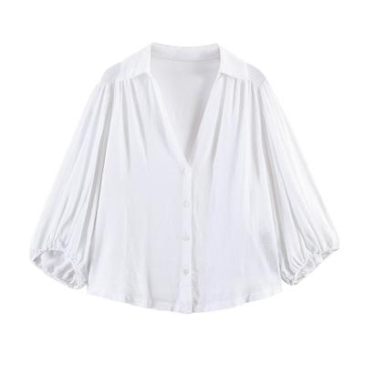 Vêtements pour femmes européens et américains 1116 été ins style simple col à revers manches bouffantes ample et fin chemise polyvalente femme
