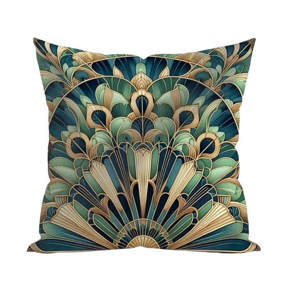 1Pc Art Deco Peacock Feather Pillow Cover, Polyester 2D Double-Sided Print, Luxury Geometric Mandala Art, Boho Home & Car Decor