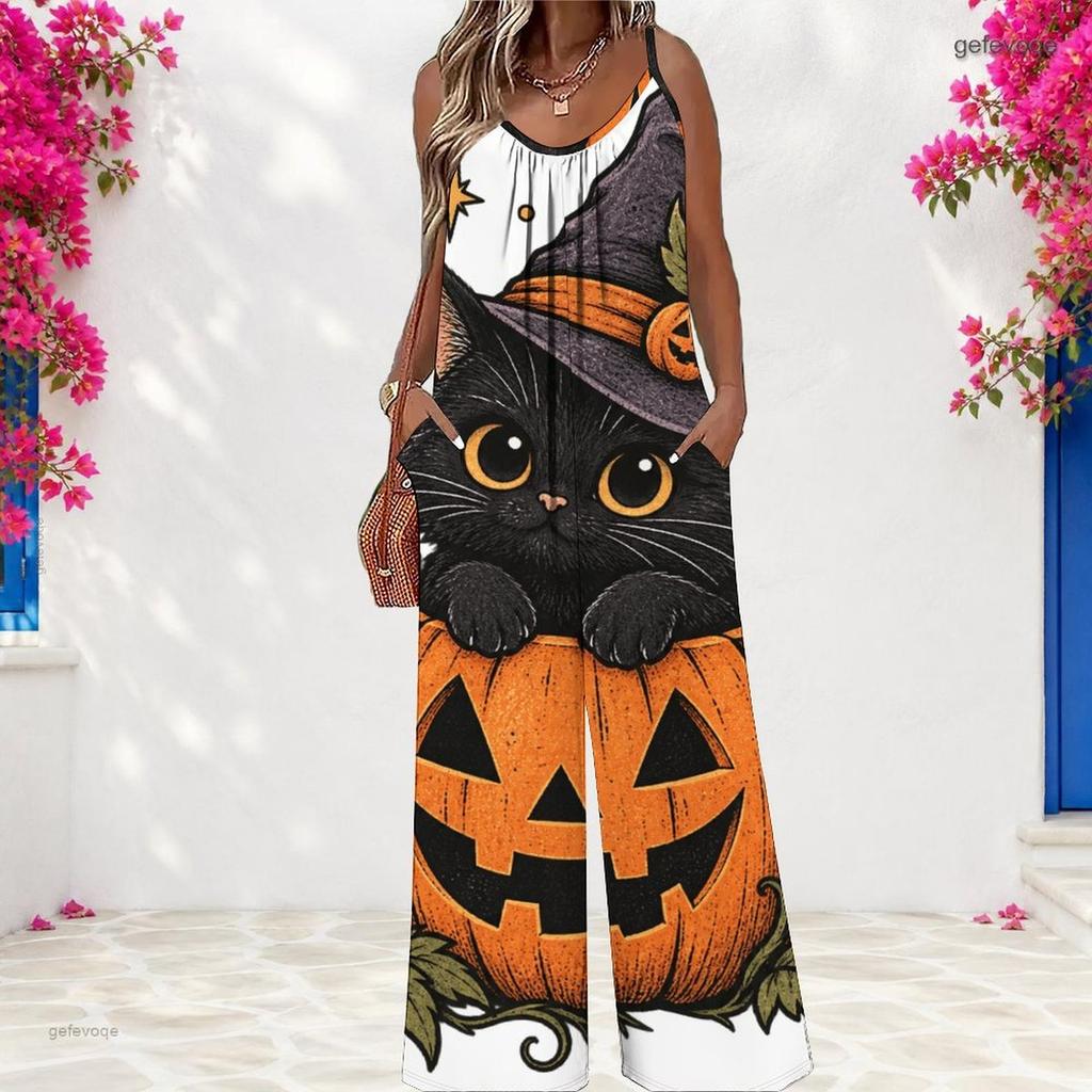 Damen Spaghettiträger Jumpsuit Süße Schwarze Katze Hexenhut Kürbis Halloween Print Weite Hosen Mit Taschen