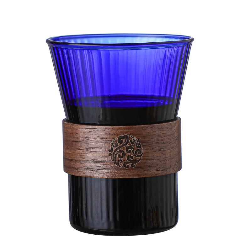 SX Blue Vertical Stripe Glass Tea Cup with Wooden Sleeve