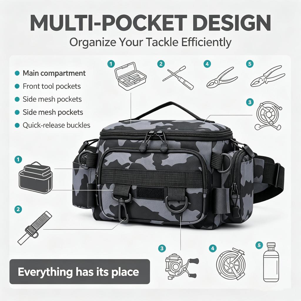 Fishing Tackle Single Shoulder Bag Storage Waist Bag, Outdoor Sports Bag With Fishing Rod Holder