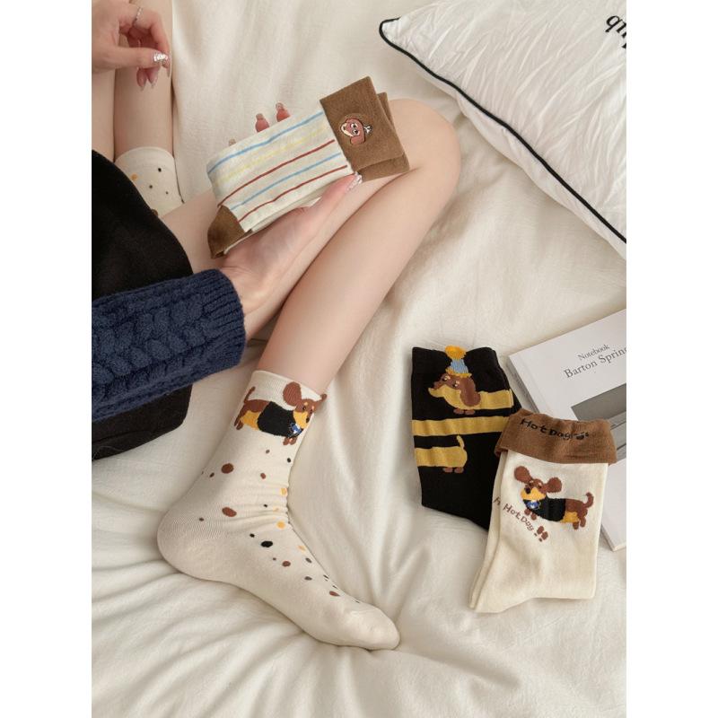 Puppy Embroidered Medium Tube Socks Flanged Cartoon Dachshund Dog Vertical Strip Stacking Socks Cute Niche Socks Women