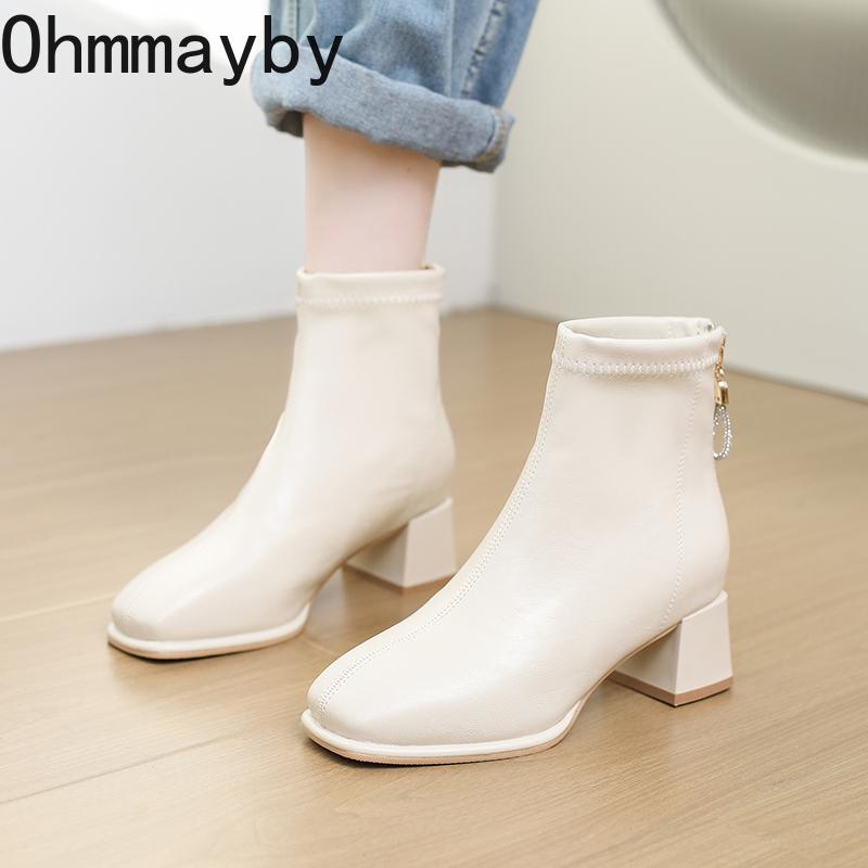 Square Toe Thick Heel Women Ankle Boots Street Style Banquet Party Dress Short Botas Autumn Winter Women's Short Plush Shoes