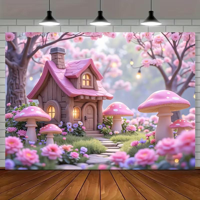 2D Dreamy Sakura Fairy House Backdrop with Glowing Lights for Baby Shower & First Birthday