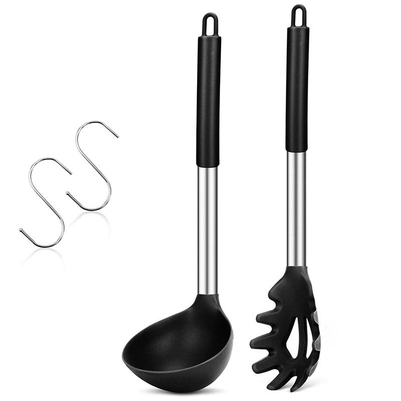 

Silicone Pasta Fork and Ladle Spoon Set Large Nonstick Kitchen Utensils with Stainless Steel Handle For Cooking Draining JT594 чорний