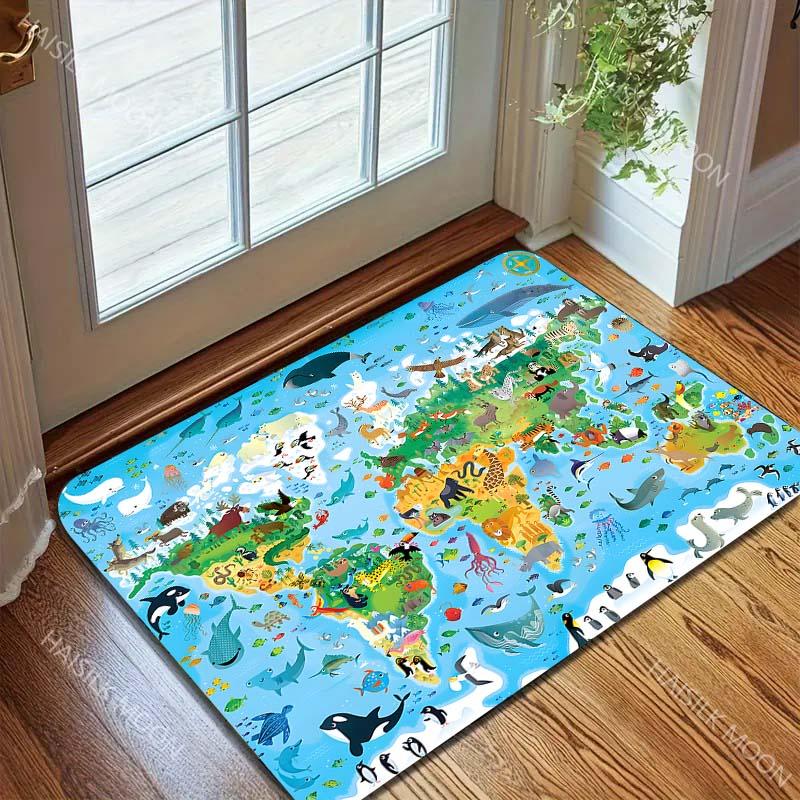 New Product Cartoon Animal World Map Carpet for Living Room Bedroom Sofa Creative Doormat Home Decor Area Rug Large Size