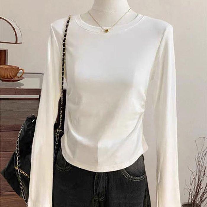 Women's Slim Fit Round Neck Long-Sleeve T-Shirt - Elegant Spring/Autumn Style