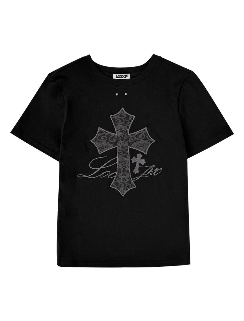 Lupeu Lace Cross Stud Slim Fit Short Sleeve T-Shirt Black