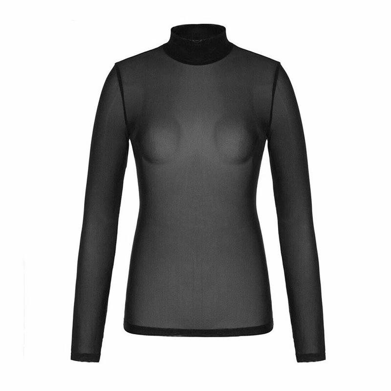 Womens See Through Long Sleeve High Neck Arm Shaper Top Mesh Blouse Casual T-Shirt