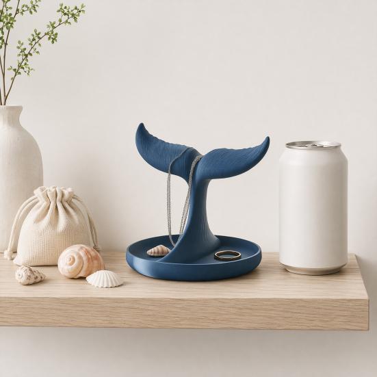 3D Printed Whale Tail Jewelry Organizer, Earring Necklace Display Stand with Ring Tray, Creative Desktop Decor, Elegant Vanity Dresser Accessories