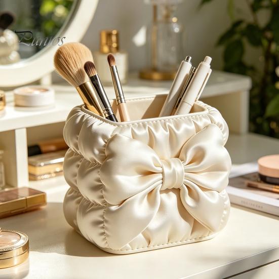 Tubular Pen And Brush Organizer Bow Holder, Silk Texture High-Density Case, Large Design Makeup Holder Capacity Elegant Organizer, for Desktop Storage