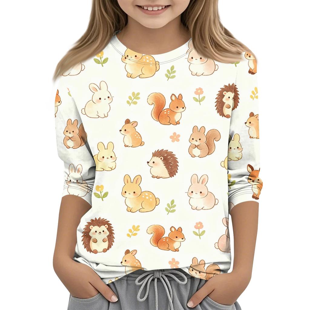 Kids Animal Print Crew Neck 3/4 Sleeve Casual T-Shirt Soft Comfortable Fabric Suitable for Everyday Wear and Outdoor Activities