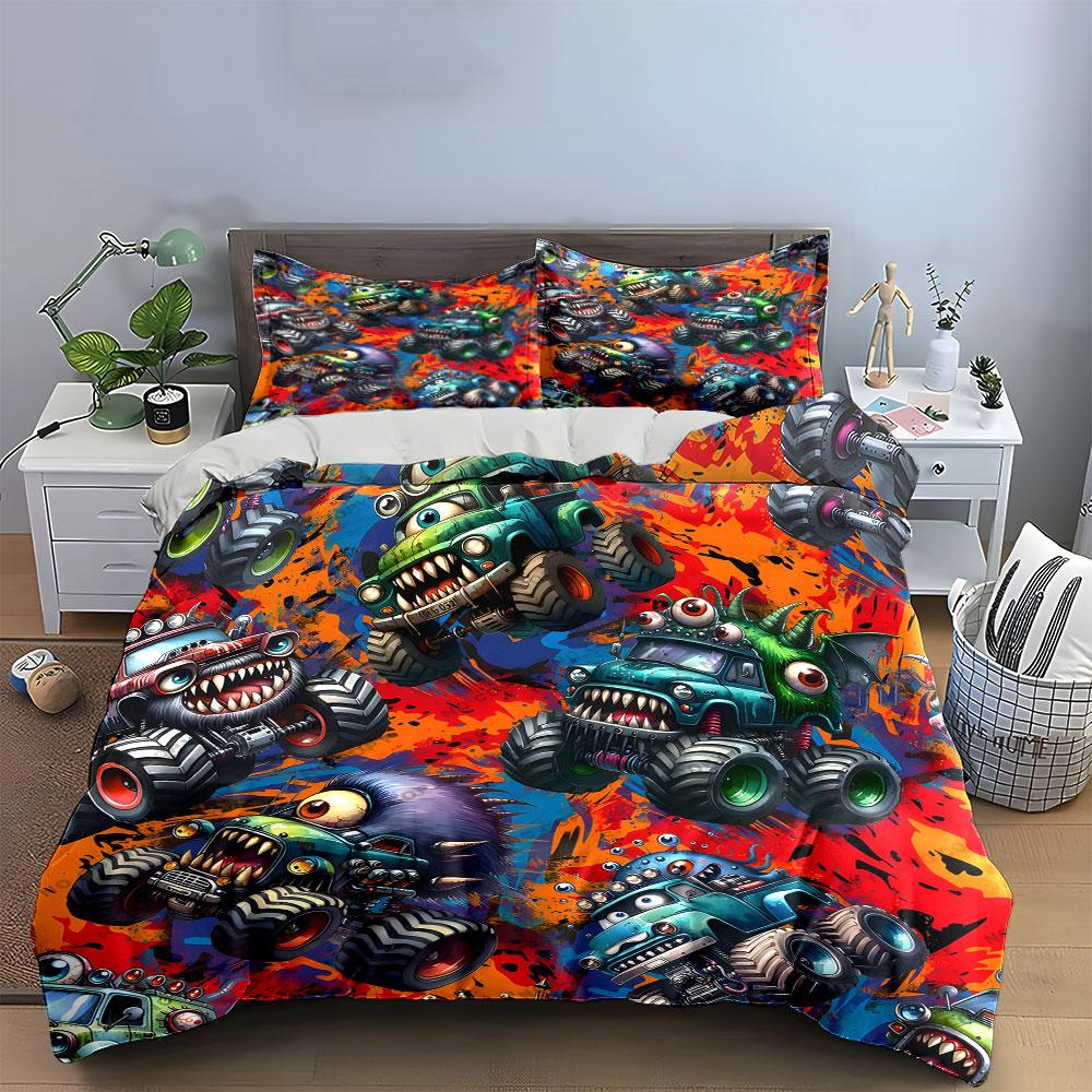 Monster Truck Themed Bedding Set Perfect For Bedrooms Decor. Exquisite Three-Piece Bedding Set Gift For Kids And Adults