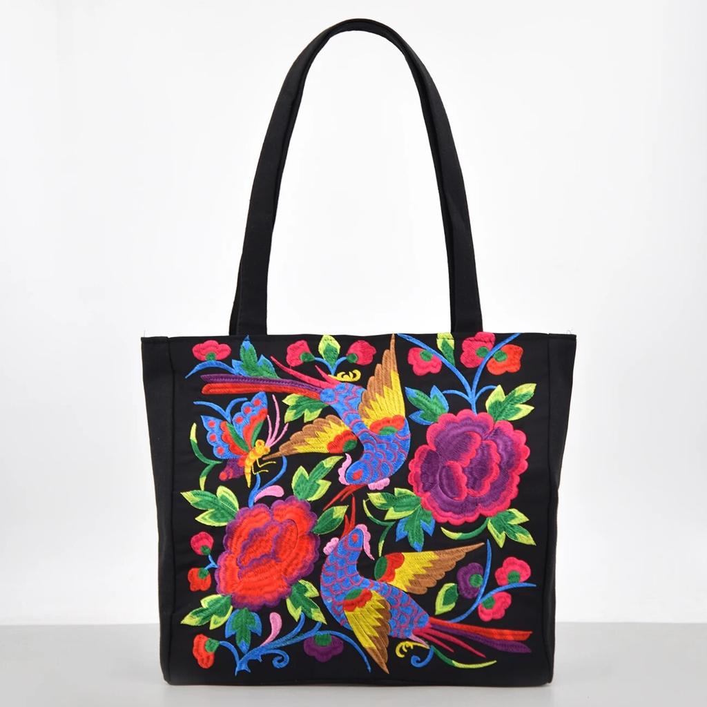 Ethnic Style Flower Embroidery Canvas Tote Bag Large Capacity Shoulder Handbag for Women