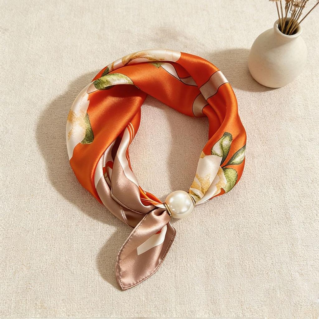 Print Scarf Silk Pearl Buckle Chain Female Lazy Thin Magnetic Collarbone Pendant Wraps Handkerchief Designer Woman Neck Scarf