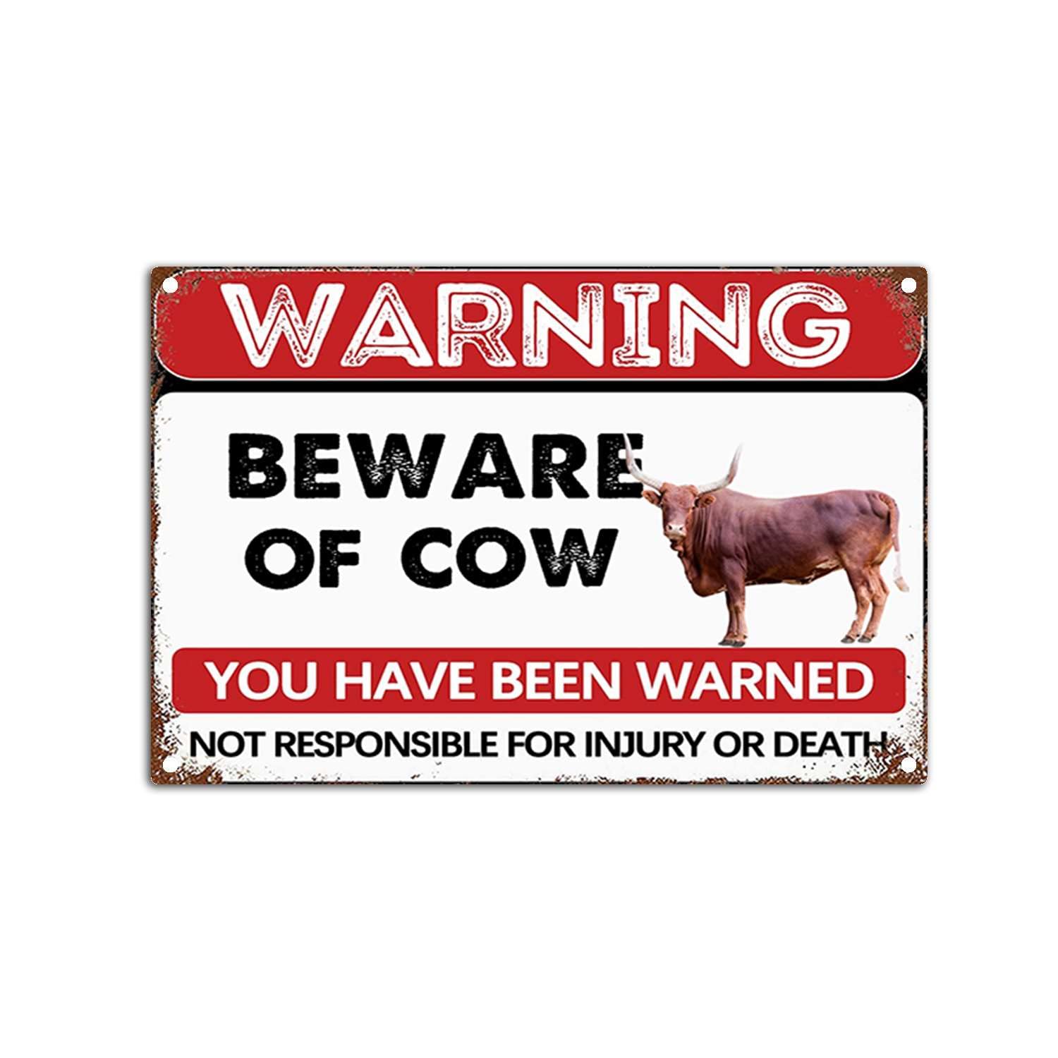 Vintage Warning Beware of Cow with Realistic Brown Bull Illustration You Have Been Warned Not Responsible for Injury or Death Hi 20x30cm（7.8x11.8inch）