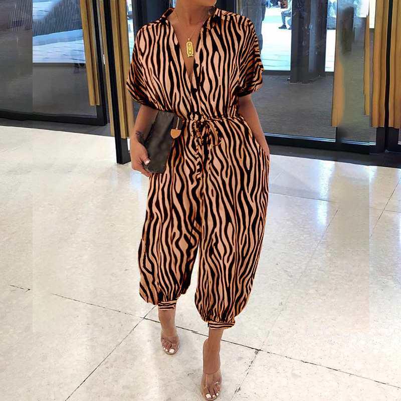 2020 Women's European Retro Leopard Print Short Sleeve Jumpsuit, Loose Plus Size, High Waist, Leg-Slimming Design