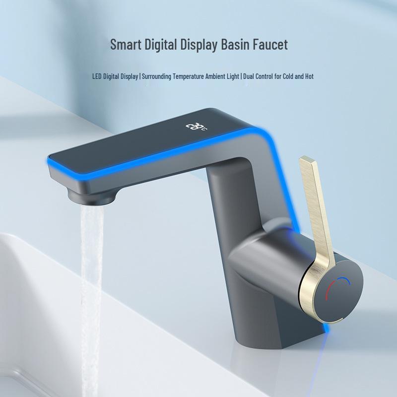 Digital Display Ambient Light Hot and Cold Bathroom Faucet for Vanity and Hand Washing Basin