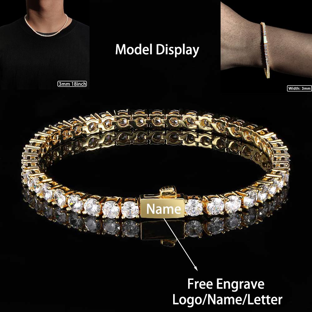 

3mm 4mm 5mm 1 Row Tennis Chain Bling Zircon Copper Material Necklace Hip Hop Man and Women Iced Out Jewelry Free Engrave Bracelet 7in(17.8cm)