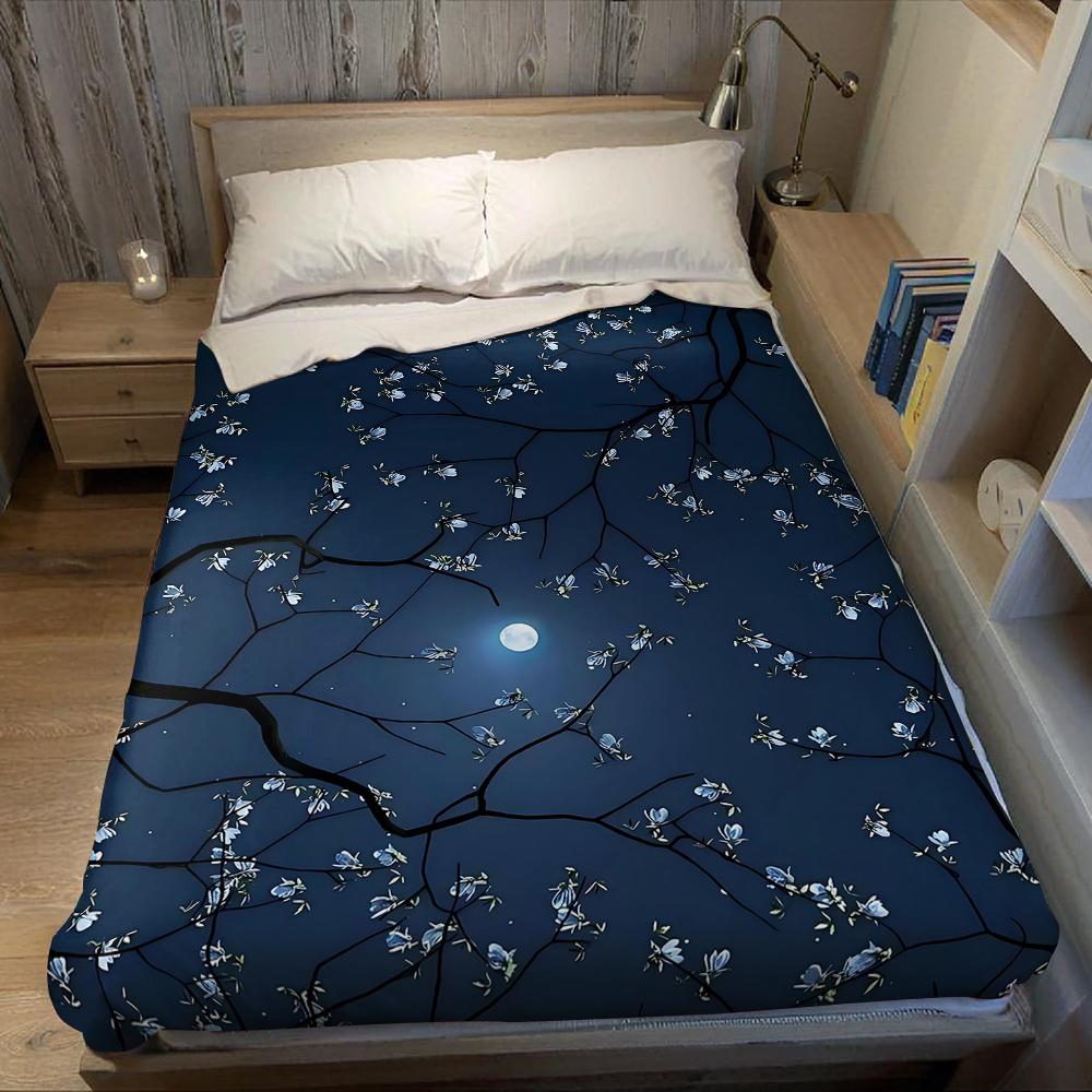 Moonlit Blossom Boughs Flannel Blanket Warm Soft Halloween Christmas Couch Warm Cozy Decorative Decor Gift for All Season