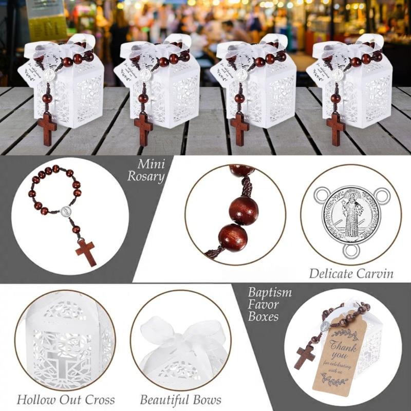 Wooden Crosses Beads Rosaries Bracelets Set For Baptisms Gift With Hollowout Paper Box Thank You Card Organza Pouches
