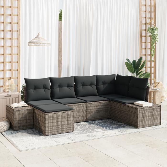 VidaXL Ensemble de Canapés de Jardin 6 Pièces avec Coussins Gris Poly Rattan 3347129