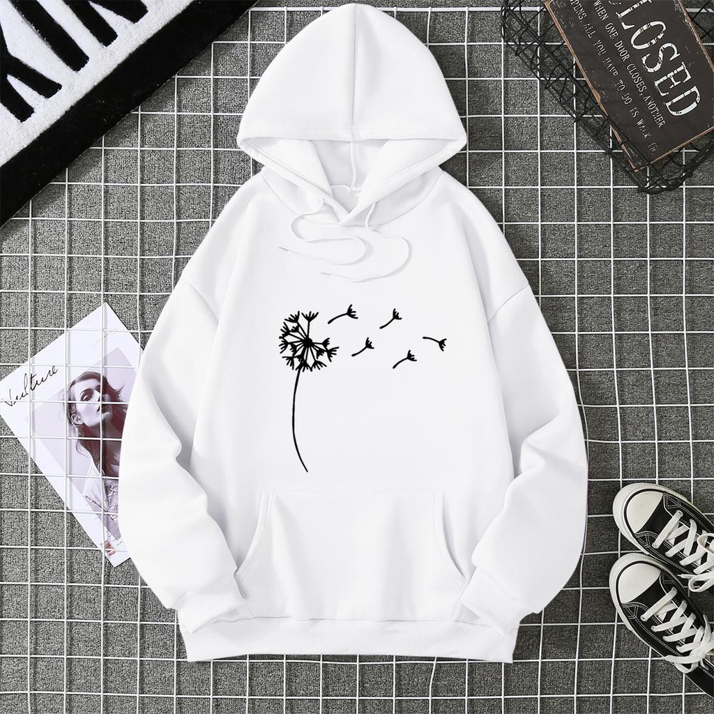 Women's fleece sweater plant print kangaroo pocket drawstring print hoodie