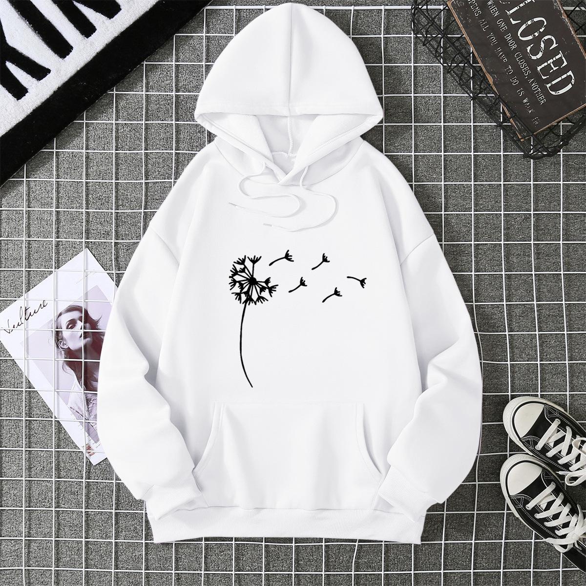 Women s fleece sweater plant print kangaroo pocket drawstring print hoodie S
