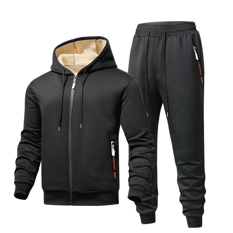 

Мужской кардиган на молнии из овчины и бархатный костюм-двойка с капюшоном 4XL чёрный