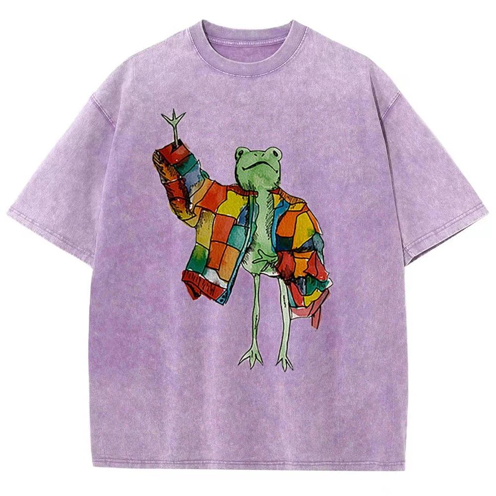 Cute Funny Style Cartoon Frog Print Ladies T-Shirt Loose Wash Oversized Short Sleeve Summer Fashion Cute Top Students
