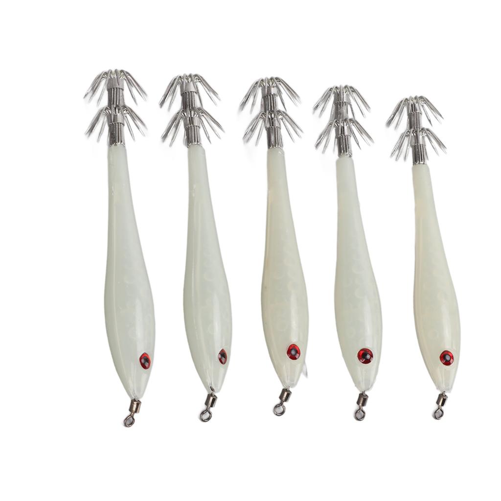 5PCS Hard Fishing Lure Simulation Squid False Bait Hooks Artificial Squid Double Hook JigLuminous White