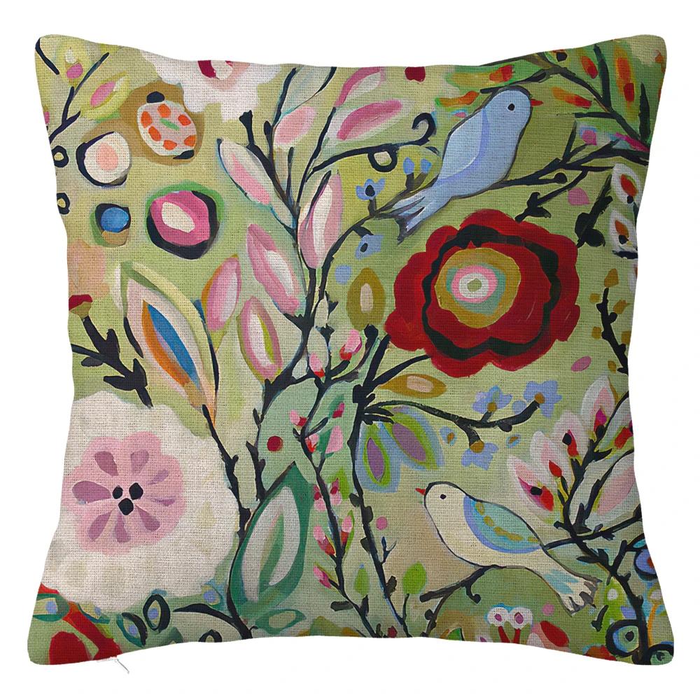Branch Bird Flower Linen Pillowcase Sofa Cushion Cover Home Decoration Can Be Customized for You 40x40 50x50 60x60 45x45