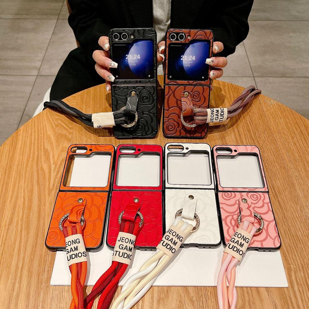 Samsung Z Flip7 Embossed Leather Camellia Crossbody Case for Z Flip 6