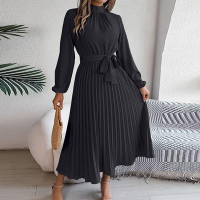 Damenmode Retro Einfarbig Langarm Taille Faltenrock Stehkragen Pullover Kleid