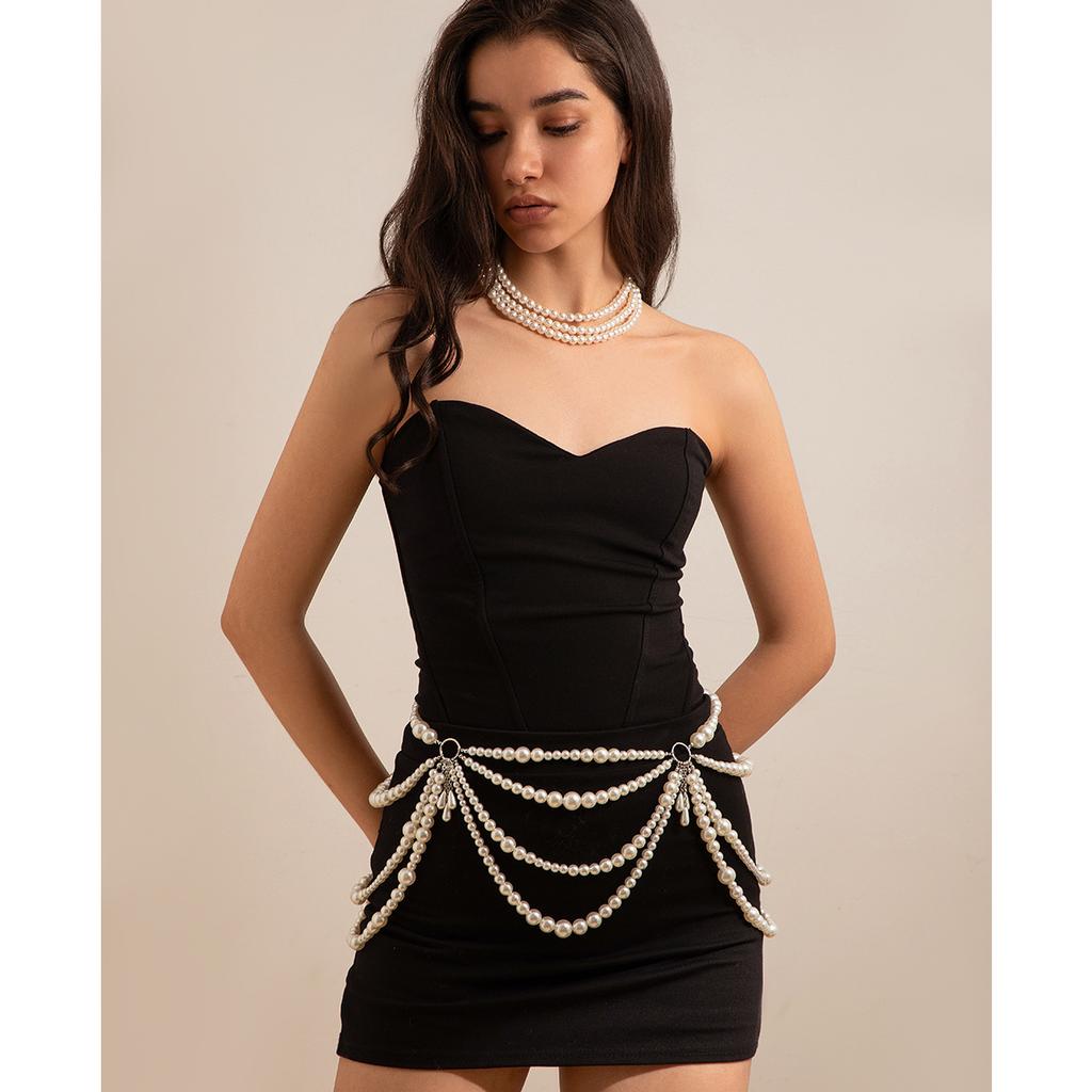Sweet And Cool Hot Girl Imitation Pearl Hollow Tassel Ethnic Style Clothing Necklace Sexy Nightclub Style Multi-layer Body Chain For Women