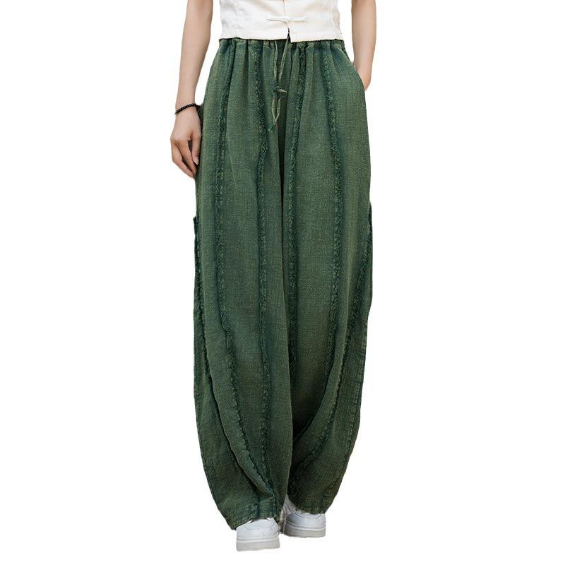 Women's Spring & Summer Ramie Flannel Pants - National Style, Improved Chinese Straight Cut with Drawstring.