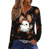 Women's Casual Halloween Print V-Neck Long Sleeve T-Shirt with Decorative Buttons