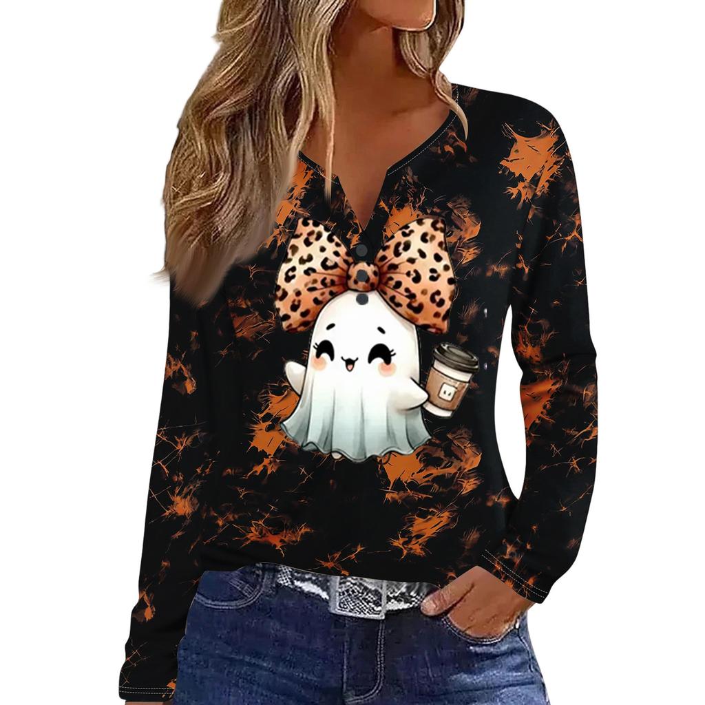 Women's Casual Halloween Print V-Neck Long Sleeve T-Shirt with Decorative Buttons