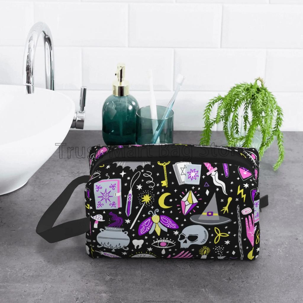 Goth Gothic Witchy Skull Makeup Bag Organizer Large Cosmetic Bags Portable Travel Toiletry Bag Women Storage Pouch