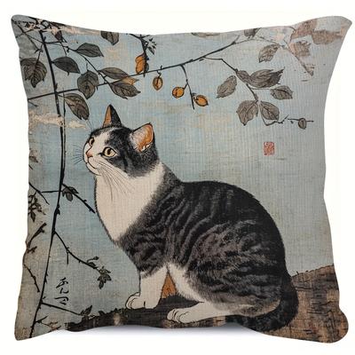 1pc, Japanese Woodblock Print Cat Pattern Pillowcase - Udagawa Kijyu Traditional Art Design, 45.72 X 45.72Cm Short Plush Decorative Pillowcase, Soft A