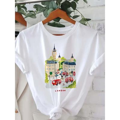 European Size London Big Ben and British Landmarks Graphic Tee - White T-Shirt with Red Taxi Cab, Non-See-Through Fabric, Round Neck Shirt