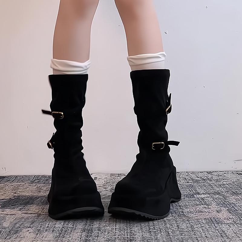 Fashion Autumn Winter Vintage Thick Sole Women Mid Calf Boots Fashion Round Toe Stripper Party Shoes Stretch Slim Botas Para Mujer