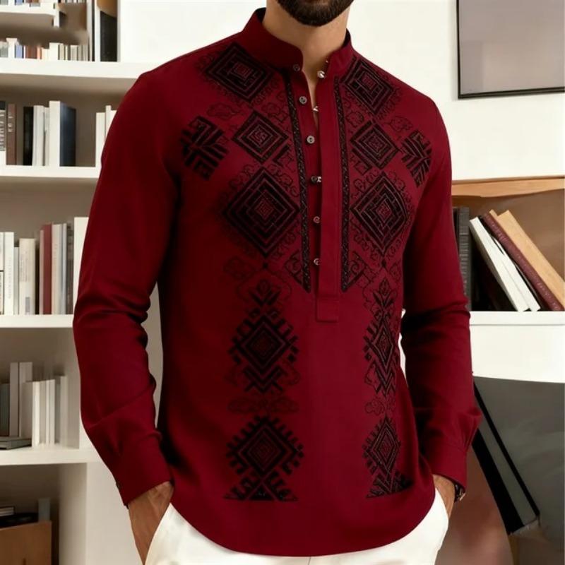 Men Geometric Ethnic Print Stand Collar Long Sleeve Shirt